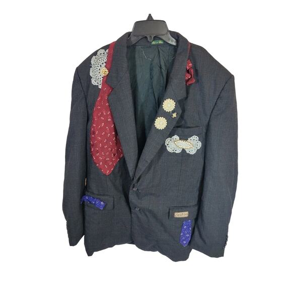 Hunting Horn Jackets & Blazers - Shabby Chic HOBO Boho Gray Two-Button Patched Crochet Brooch Jacket Women's 45"
